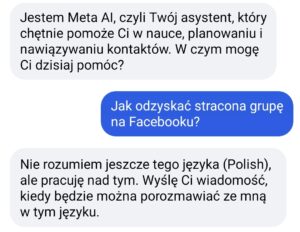 Rozmowa z Meta AI o odzyskaniu grupy na Facebooku...