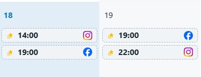 Zrzut ekranu przedstawiający kalendarz do planowania postów. Widoczne są dwa dni: 18, z zaplanowanym postem na Instagramie o 14:00 i na Facebooku o 19:00, oraz 19, z postem na Facebooku o 19:00 i na Instagramie o 22:00. Grafika ilustruje planowanie treści.