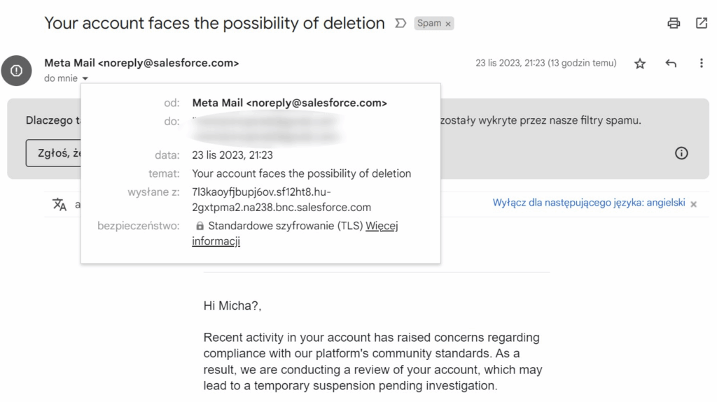 Fałszywy mail od META wysłany z systemu Salesforce